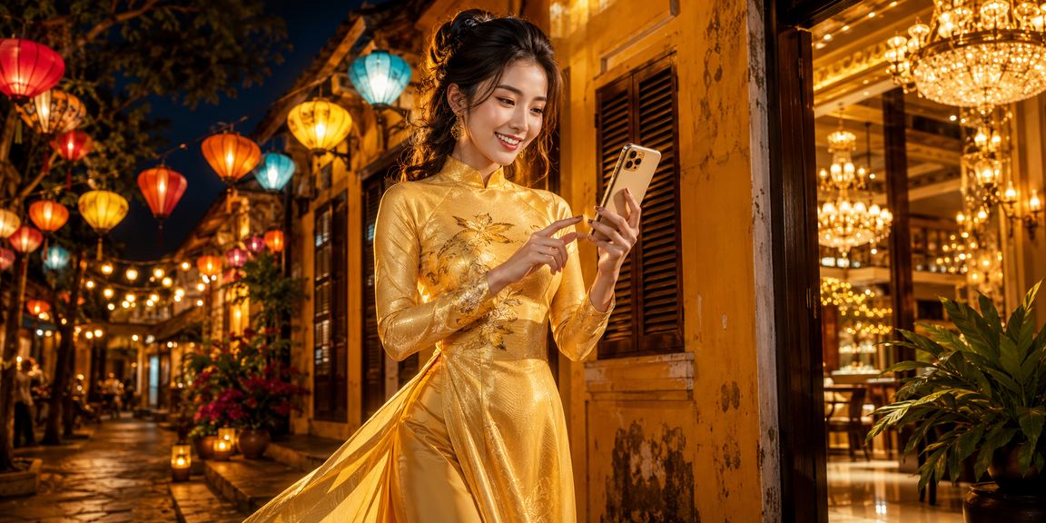 Người chơi trải nghiệm máy slot tại Hội An với trang phục truyền thống